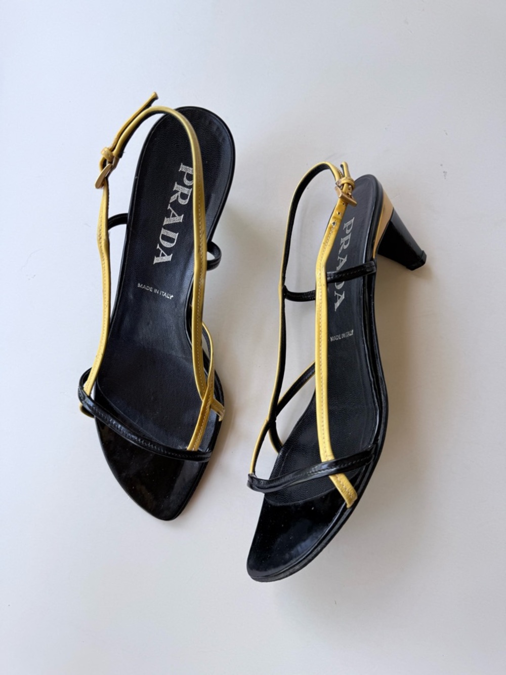 Vintage Prada Black & Yellow Patent Leather Strappy Slingback Sandal Heels 39.5 - Picture 2 of 16